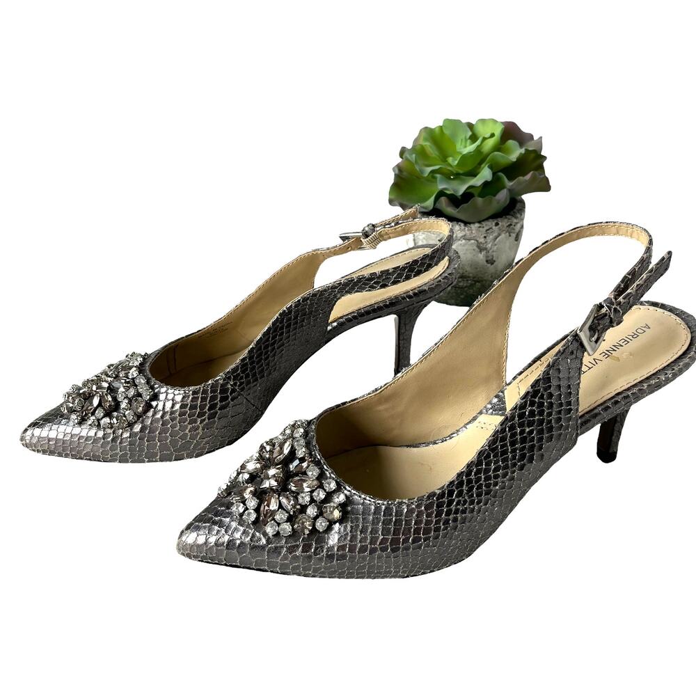 Adrienne Vittadini  Surya Slingback Shoes Sz 6M Snake Skin Crystals Pewter Glam